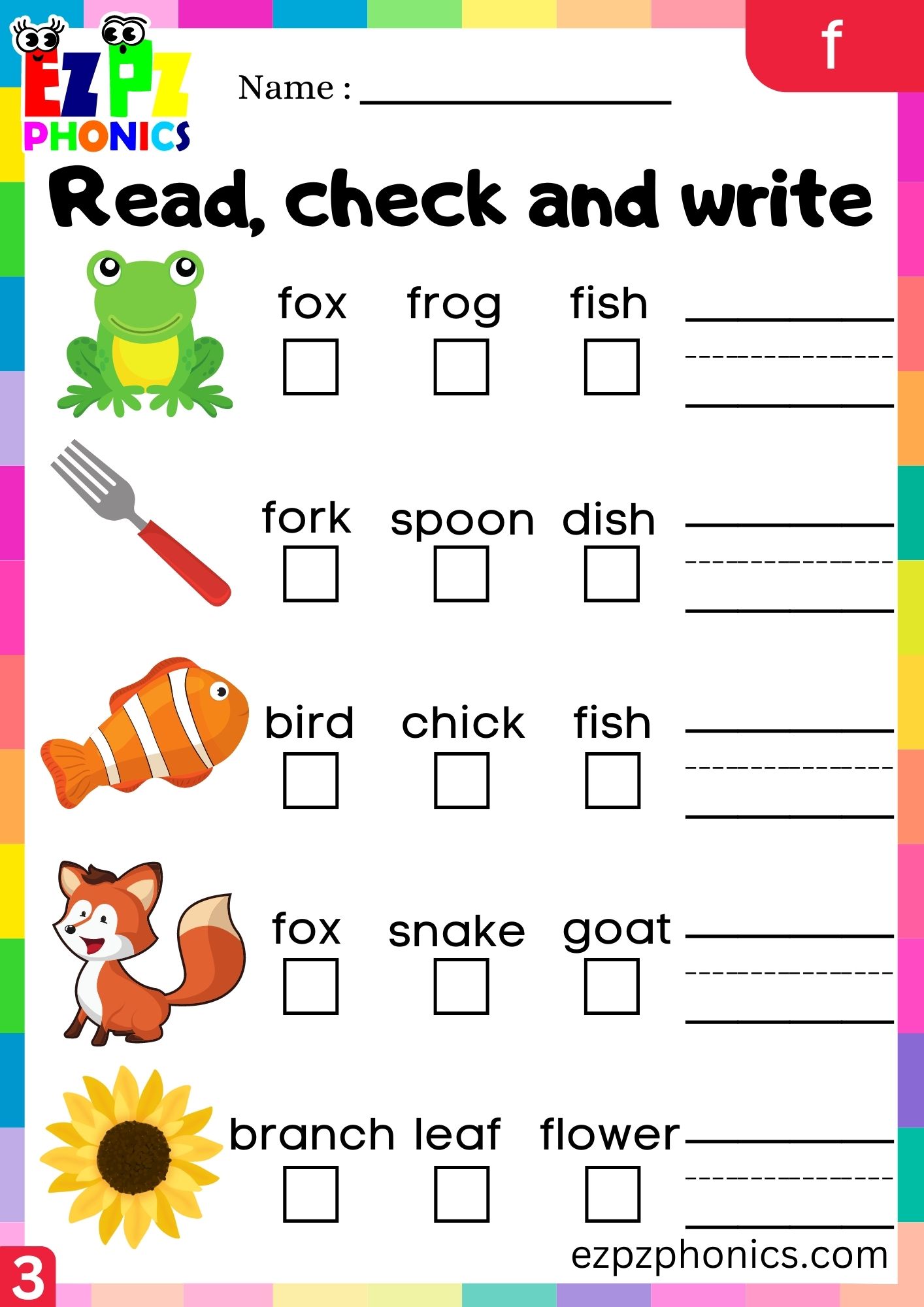 Letter f Read Check and Write the Words Phonics Activity Group 3